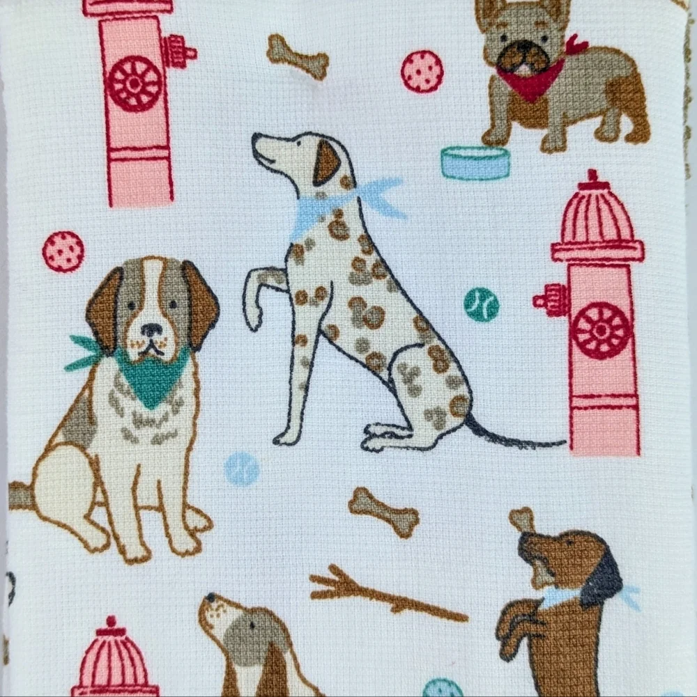 Kitchen Towels Set Of 3 Dogs Fire Hydrants Bones Sticks Balls White Brown NWT - Picture 7 of 12
